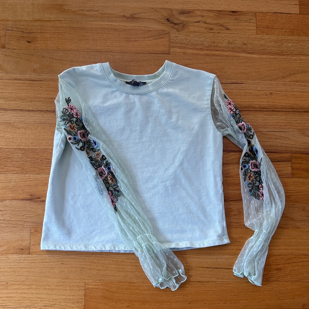 Girls' Light Mint Long-Sleeve Top with Floral Embroidered Sheer Sleeves
